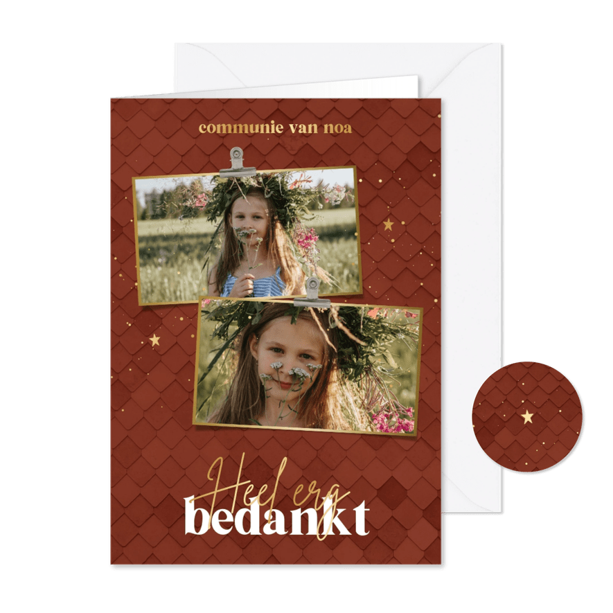 Bedankkaartje communiefeest roestbruin met patroon - Kaartimpressie