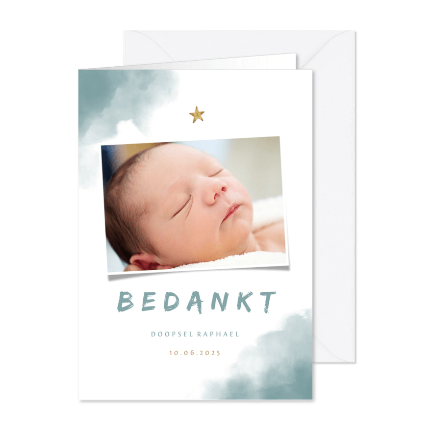 Bedankkaartje doop blauwe waterverf, ster en foto - Kaartimpressie