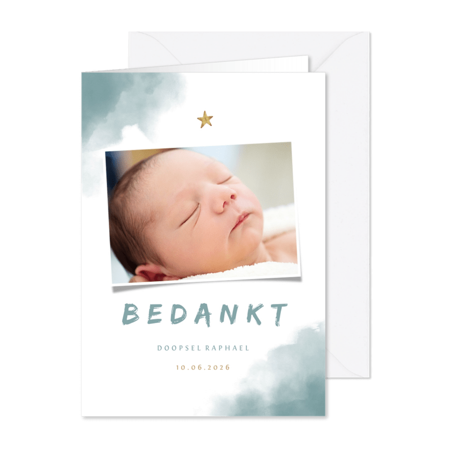 Bedankkaartje doop blauwe waterverf, ster en foto - Kaartimpressie