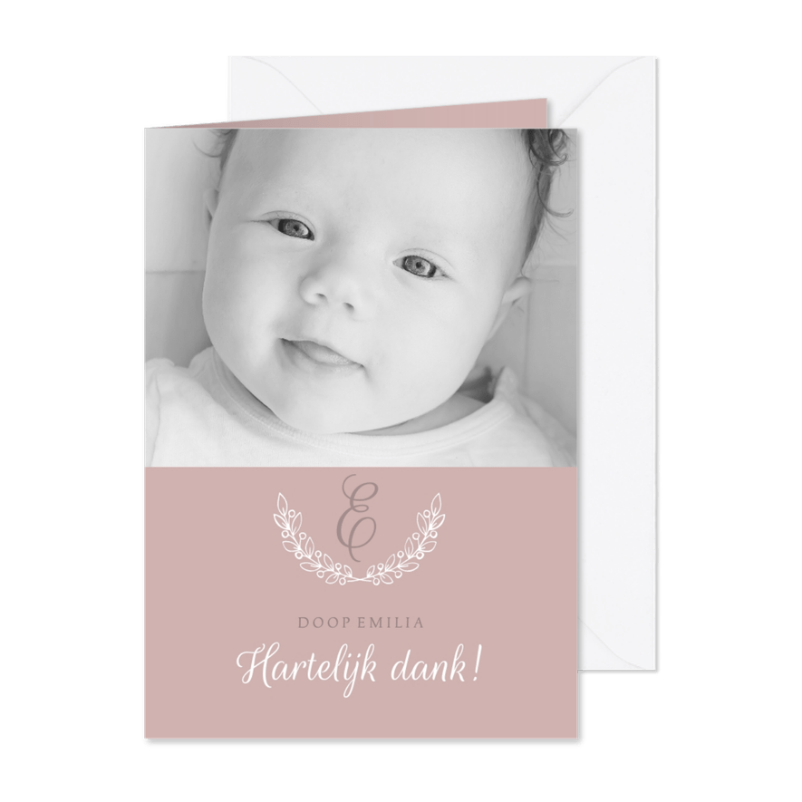 Bedankkaartje doop foto & initaal oudroze - Kaartimpressie