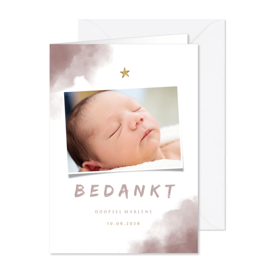 Bedankkaartje doop roze waterverf, ster en foto - Kaartimpressie