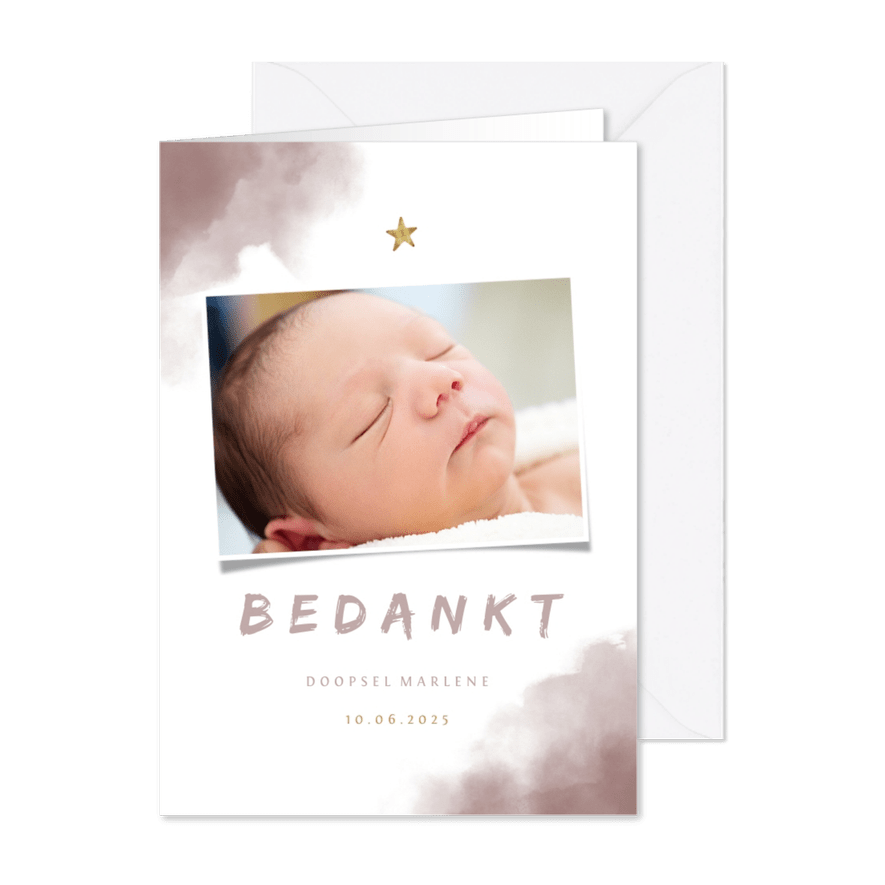 Bedankkaartje doop roze waterverf, ster en foto - Kaartimpressie