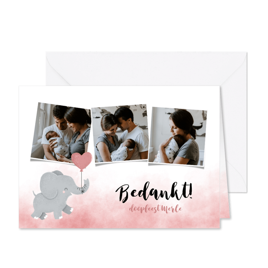 Bedankkaartje doopfeest meisje olifantje met ballon - Kaartimpressie