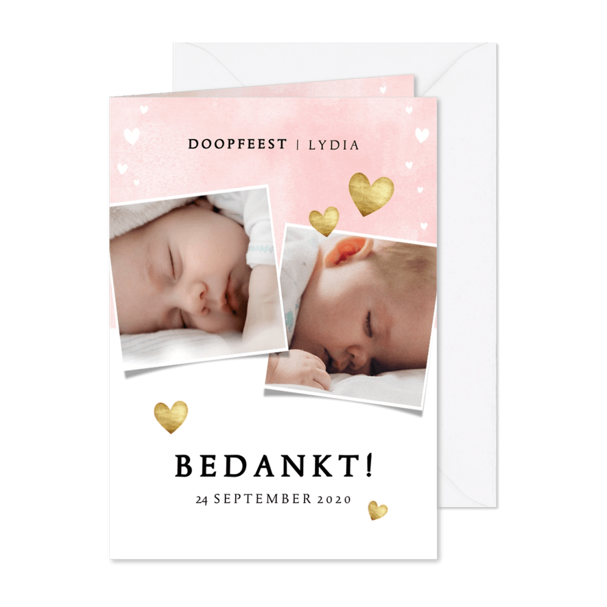 Bedankkaartje doopfeest roze waterverf, hartjes en foto's - Kaartimpressie