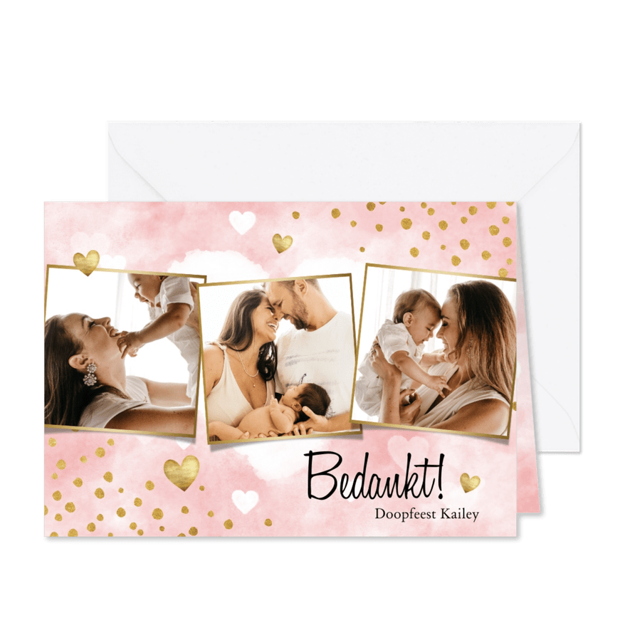 Bedankkaartje doopfeest waterverf, gouden hartjes en foto's - Kaartimpressie