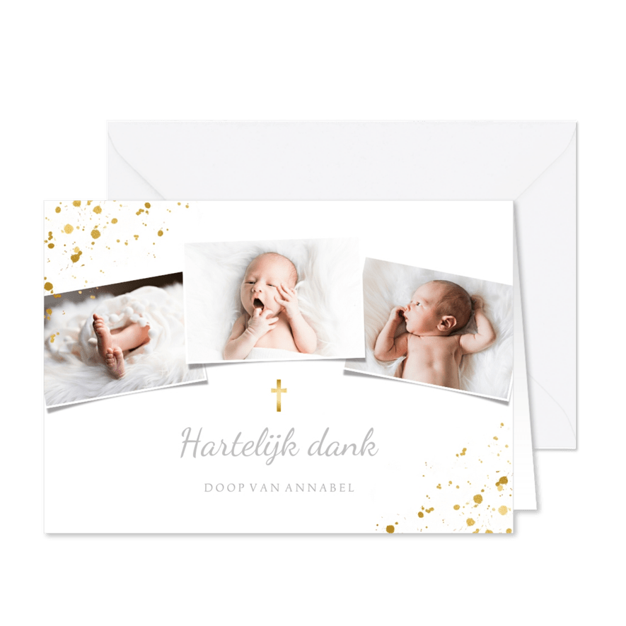 Bedankkaartje doopsel fotocollage goudspetters - Kaartimpressie