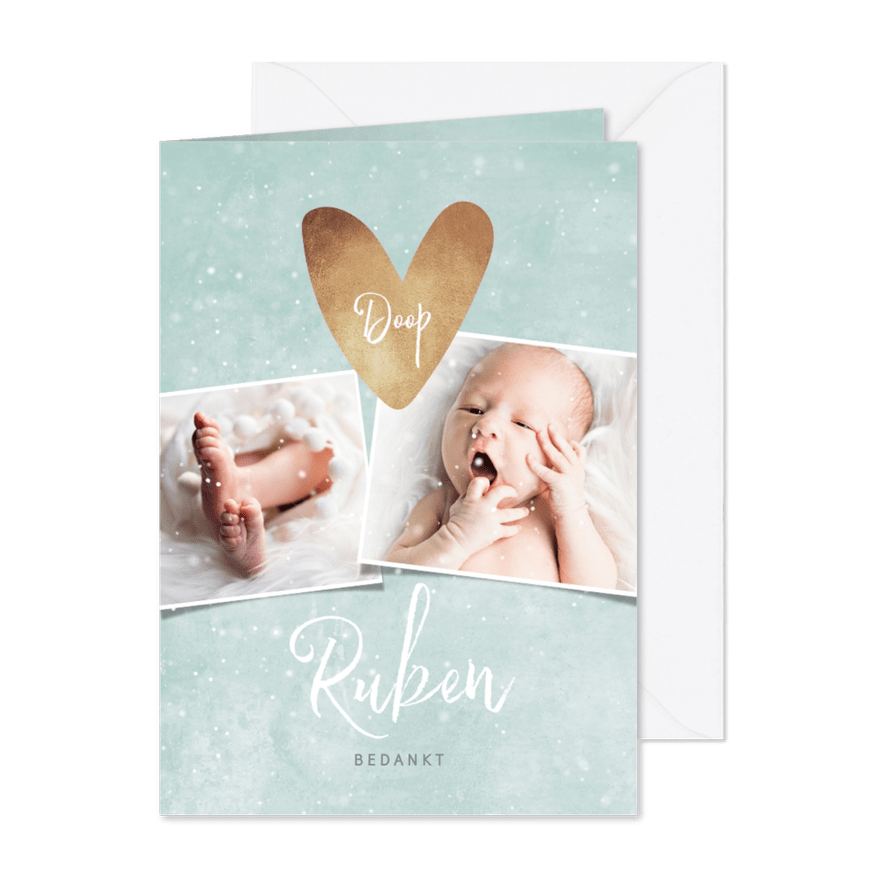 Bedankkaartje doopsel groen, fotocollage en hartje - Kaartimpressie