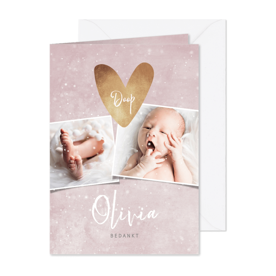 Bedankkaartje doopsel roze, fotocollage en hartje - Kaartimpressie