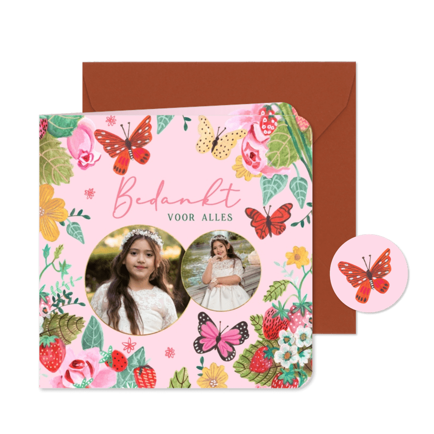 Bedankkaartje eerste communie aardbeien en vlinders - Kaartimpressie