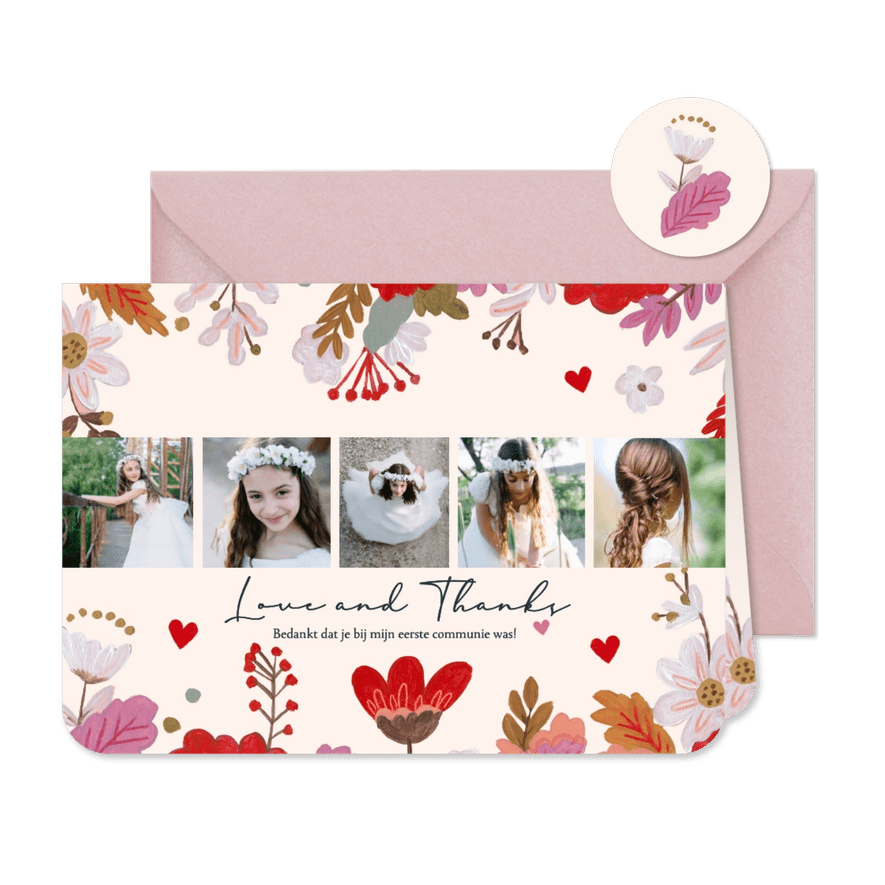 Bedankkaartje eerste communie bloemen op ecru - Kaartimpressie