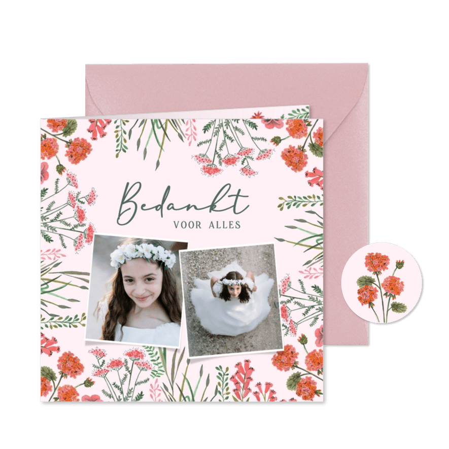 Bedankkaartje eerste communie bloemen roze - Kaartimpressie