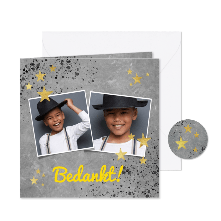 Bedankkaartje eerste communie met beton, spetters en sterren - Kaartimpressie