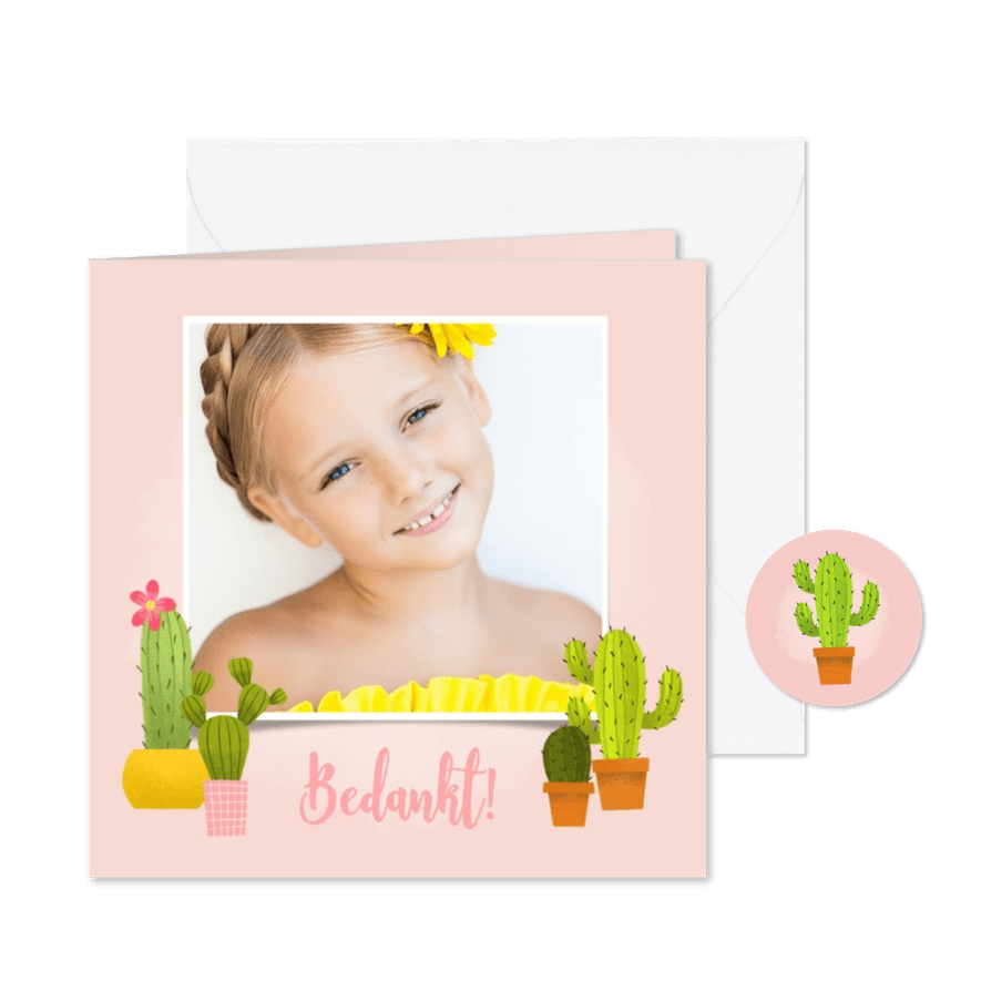 Bedankkaartje eerste communie met cactussen en foto - Kaartimpressie