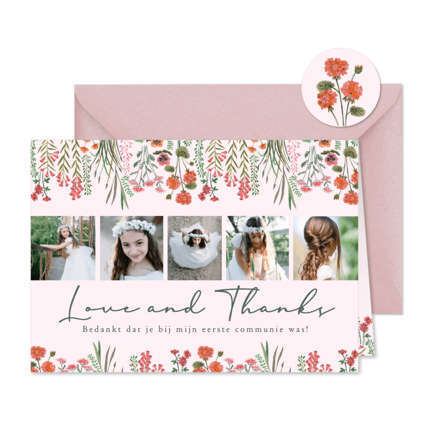 Bedankkaartje eerste communie veldbloemen met roze - Kaartimpressie