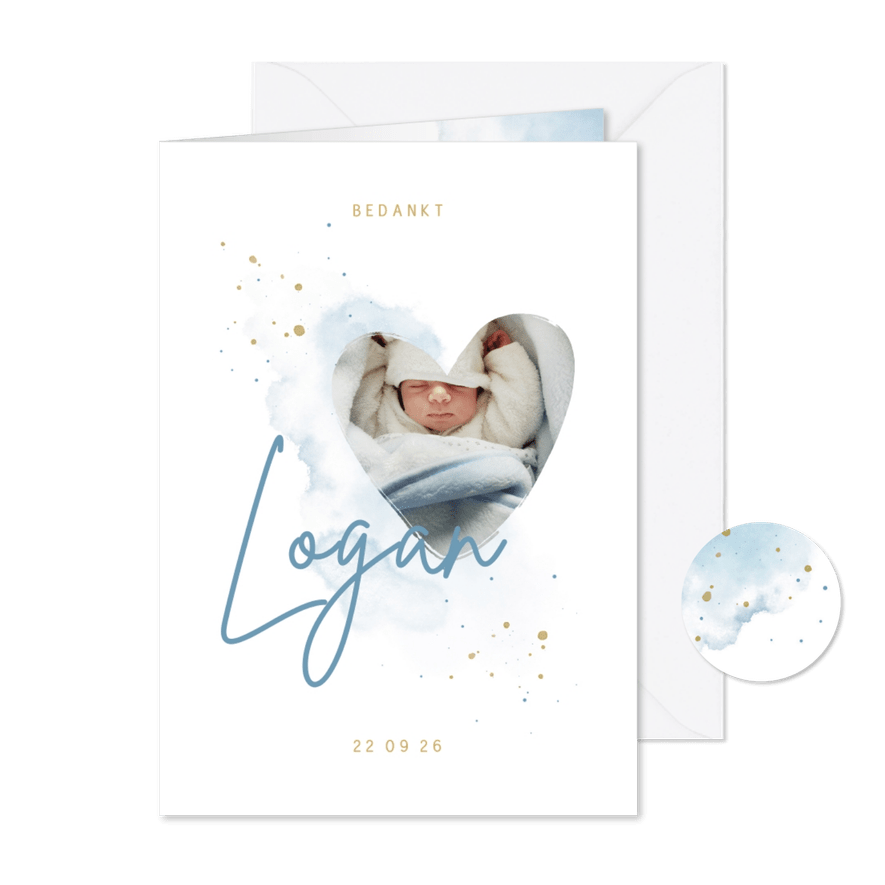  Bedankkaartje foto in hartjesvorm blauwe aquarel grote naam - Kaartimpressie