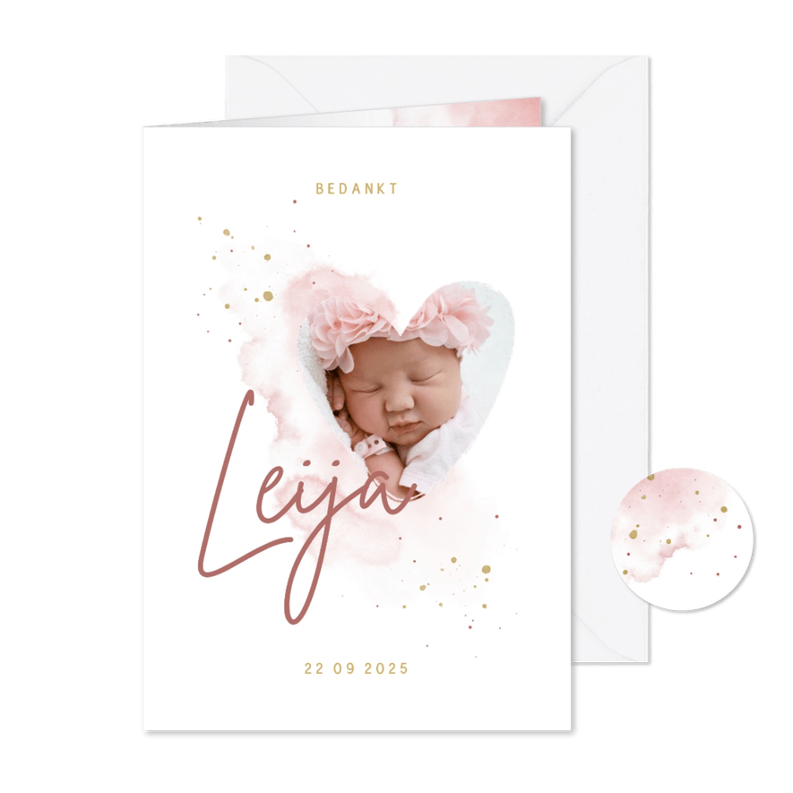 Bedankkaartje foto in hartjesvorm roze aquarel grote naam - Kaartimpressie