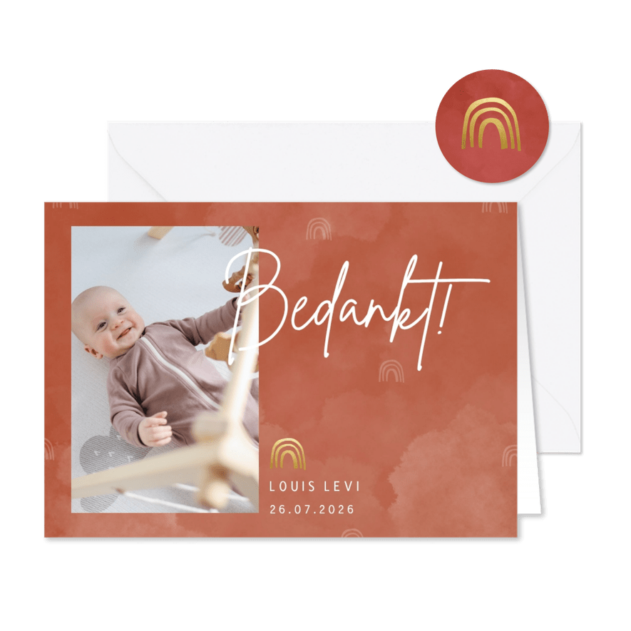 Bedankkaartje geboorte foto met wolkjes en regenboogje - Kaartimpressie