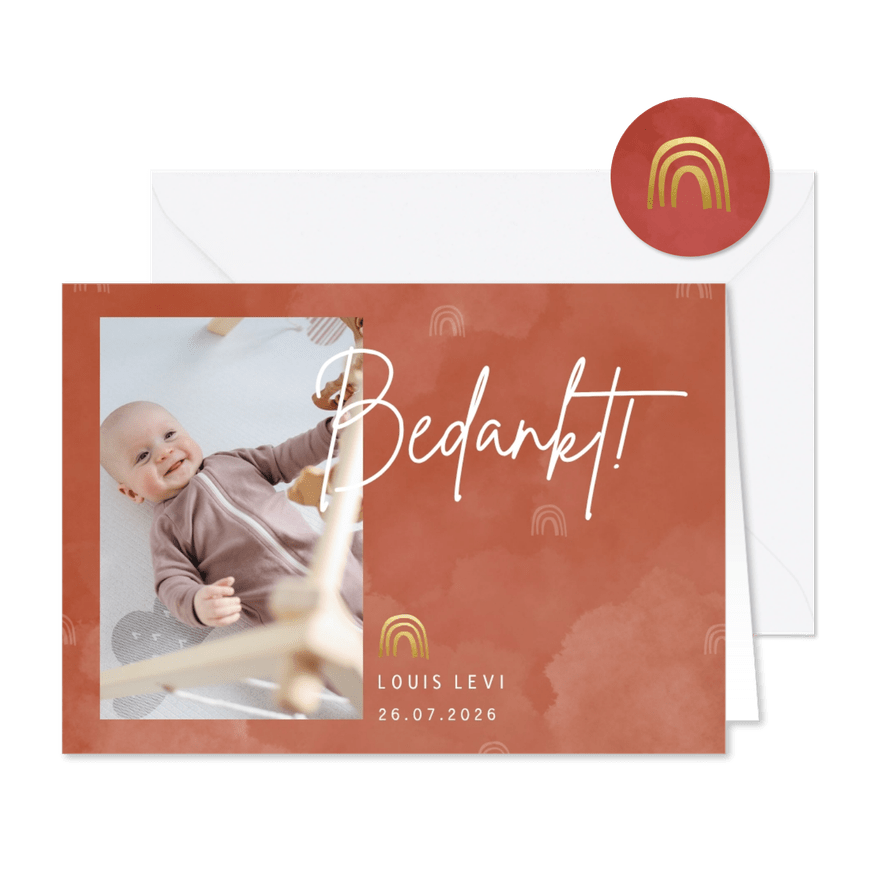 Bedankkaartje geboorte foto met wolkjes en regenboogje - Kaartimpressie