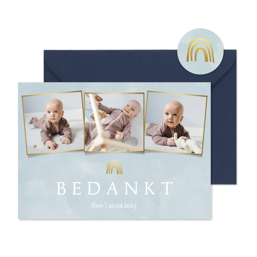 Bedankkaartje geboorte wolkjes en regenboog blauw - Kaartimpressie