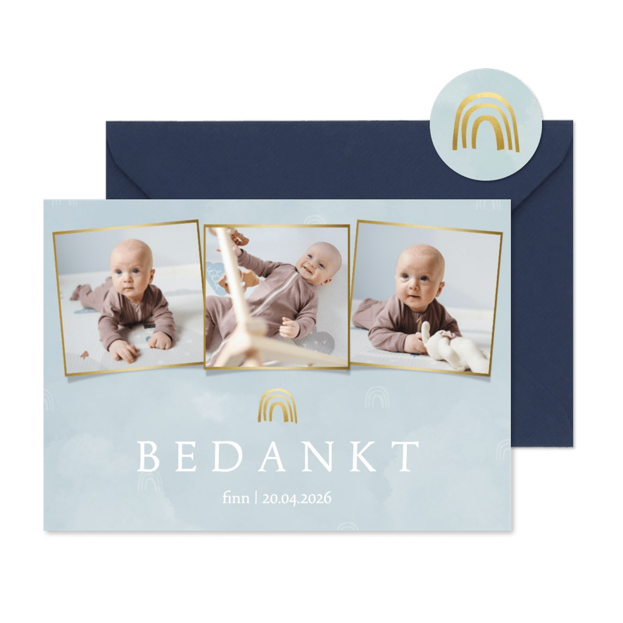 Bedankkaartje geboorte wolkjes en regenboog blauw - Kaartimpressie