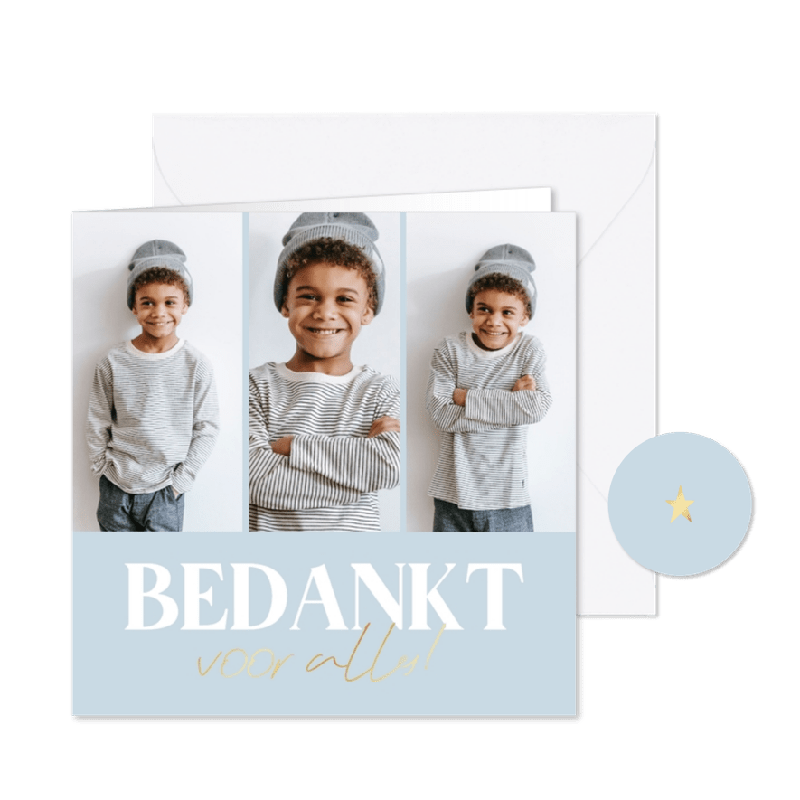 Bedankkaartje grote tekst met folie communie drie foto's - Kaartimpressie