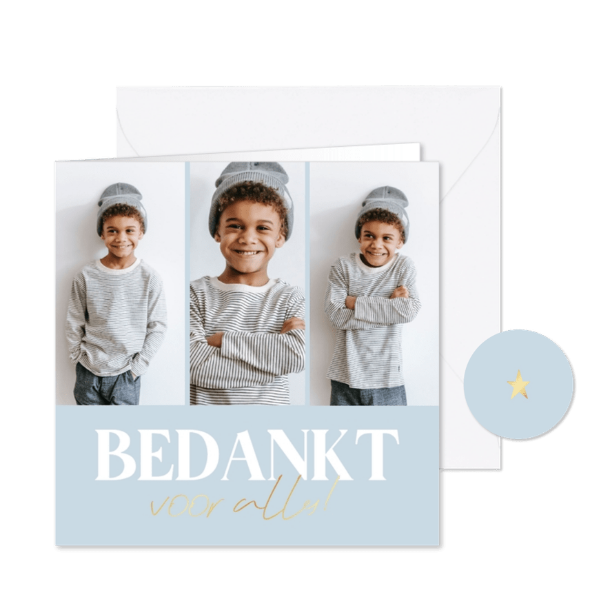 Bedankkaartje grote tekst met folie communie drie foto's - Kaartimpressie