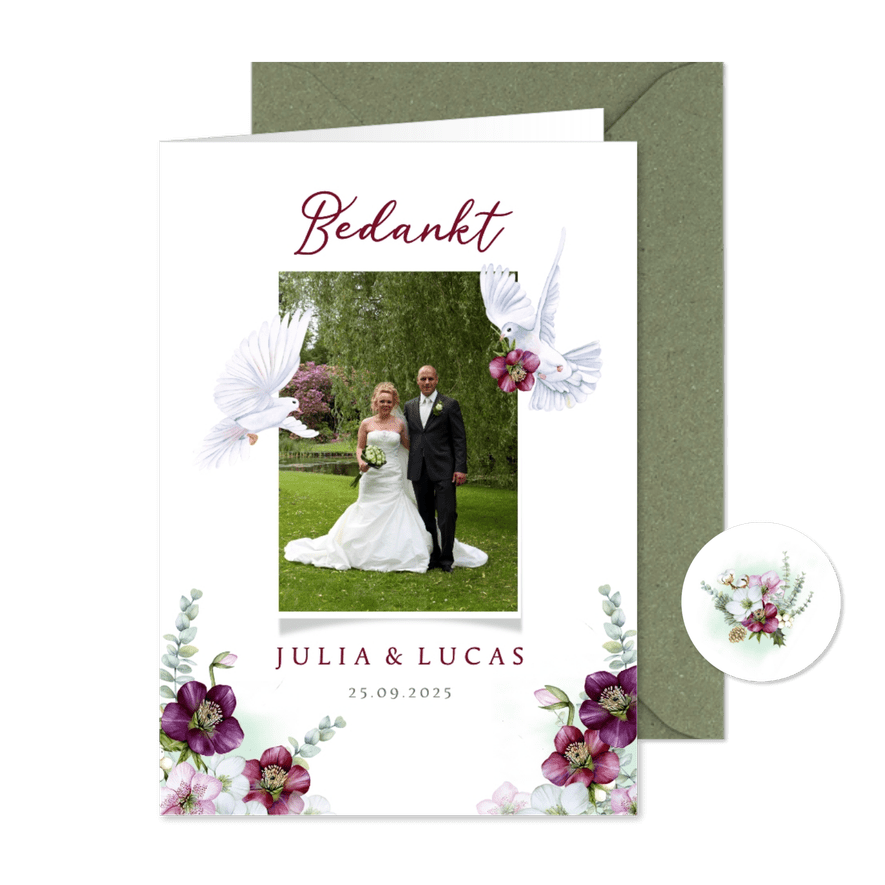 Bedankkaartje helleborus eucalyptus duiven - Kaartimpressie