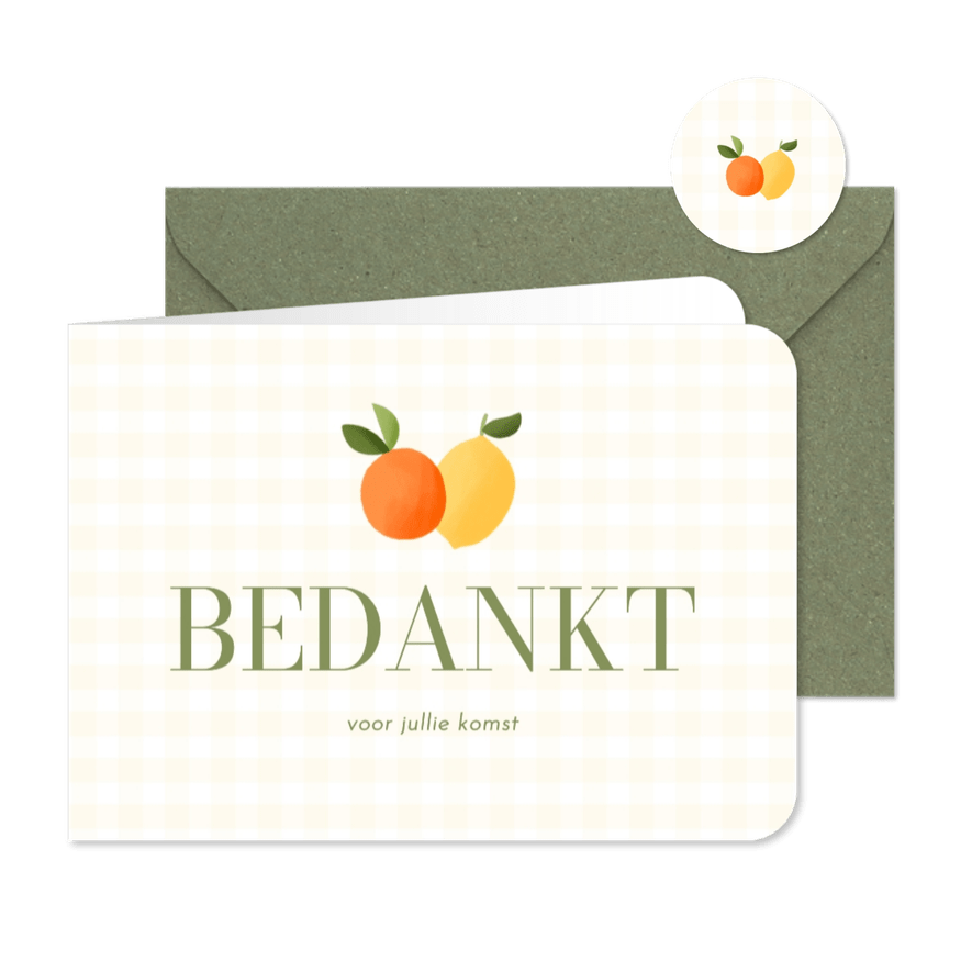 Bedankkaartje huwelijk citroen en mandarijn ruitjes - Kaartimpressie