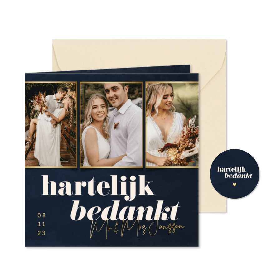 Bedankkaartje huwelijk fotocollage donkerblauw waterverf - Kaartimpressie