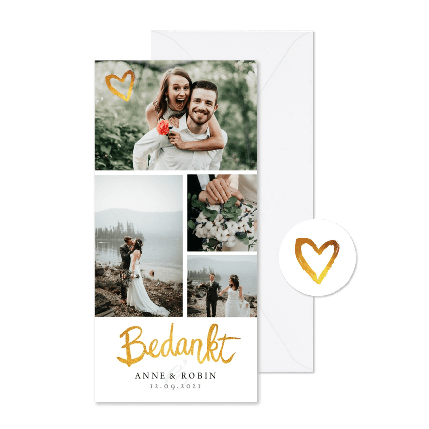 Bedankkaartje huwelijk fotocollage stijlvol goud - Kaartimpressie