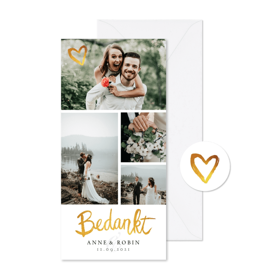 Bedankkaartje huwelijk fotocollage stijlvol goud - Kaartimpressie