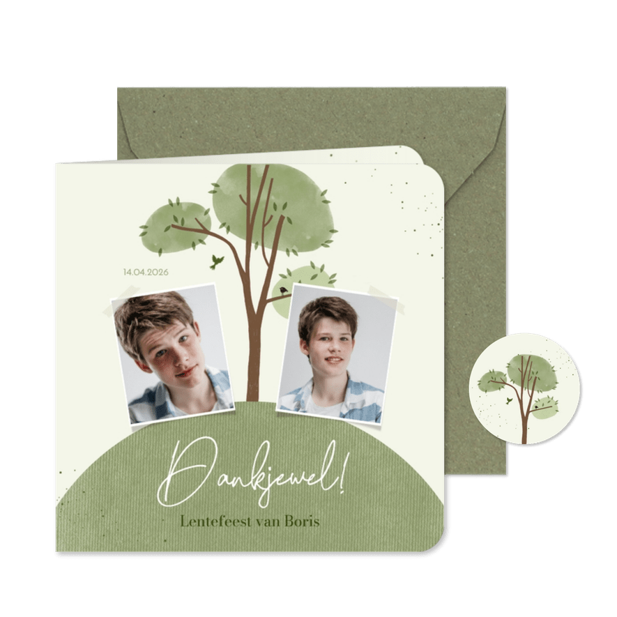 Bedankkaartje lentefeest boom en wereld met foto's - Kaartimpressie