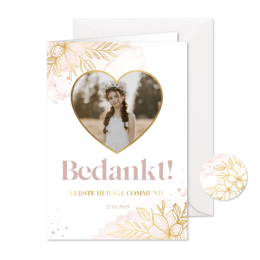 Bedankkaartje lief gouden bloemen met roze waterverf - Kaartimpressie