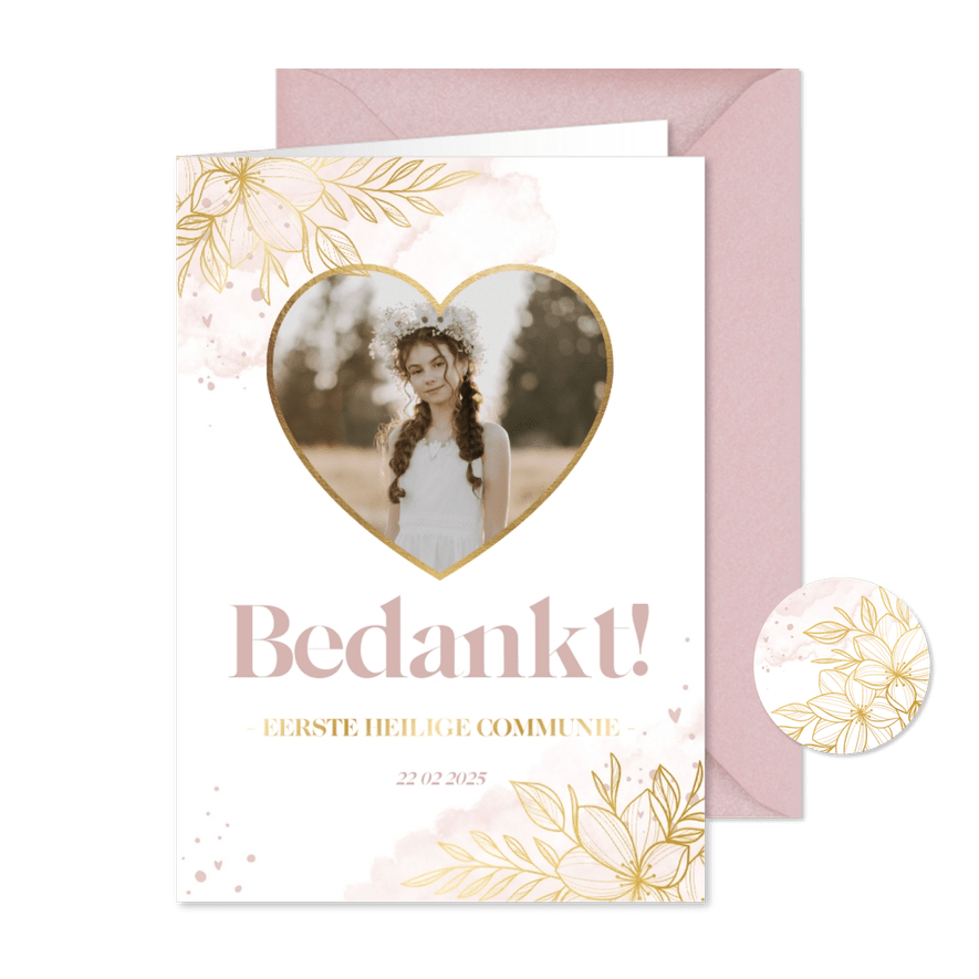 Bedankkaartje lief gouden bloemen met roze waterverf - Kaartimpressie