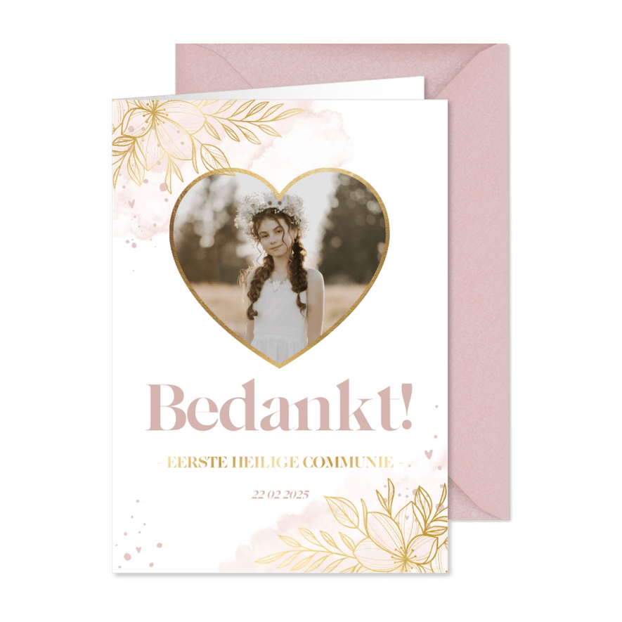 Bedankkaartje lief gouden bloemen met roze waterverf - Kaartimpressie