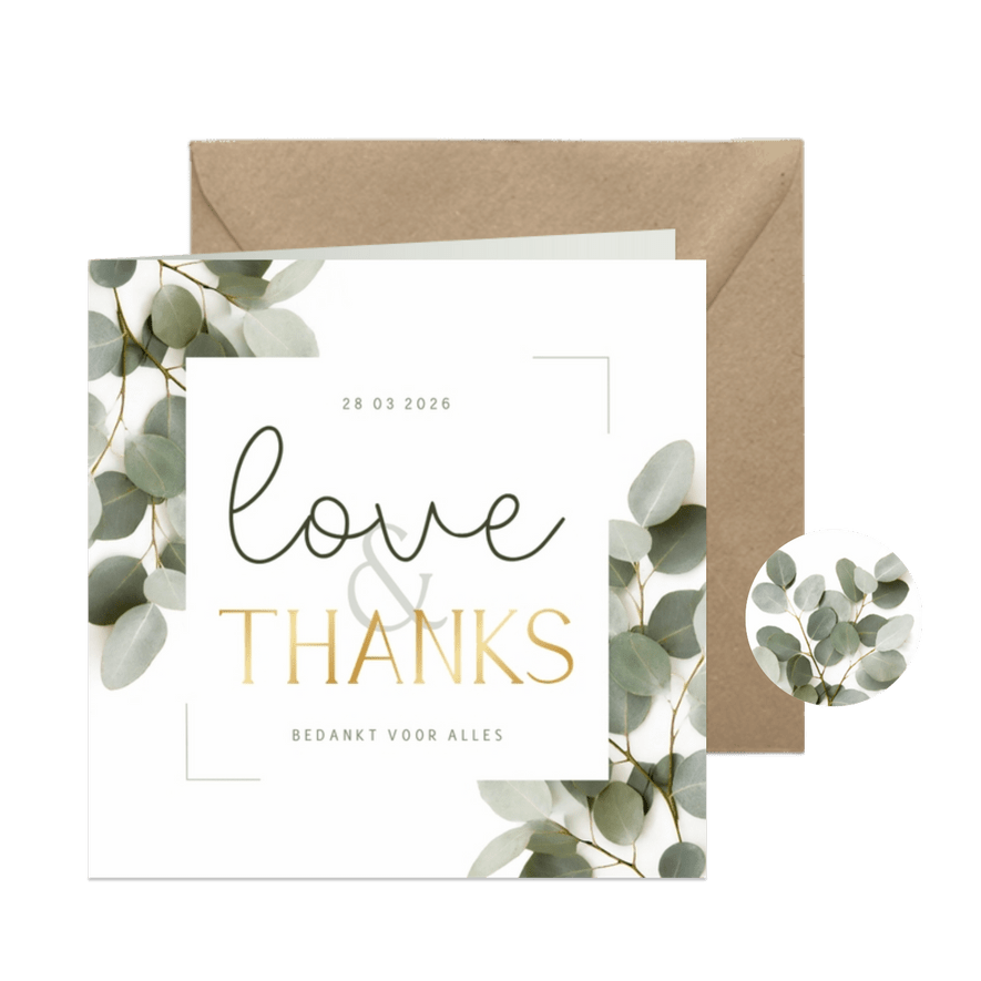 Bedankkaartje love and thanks met eucalyptus foto en goud - Kaartimpressie