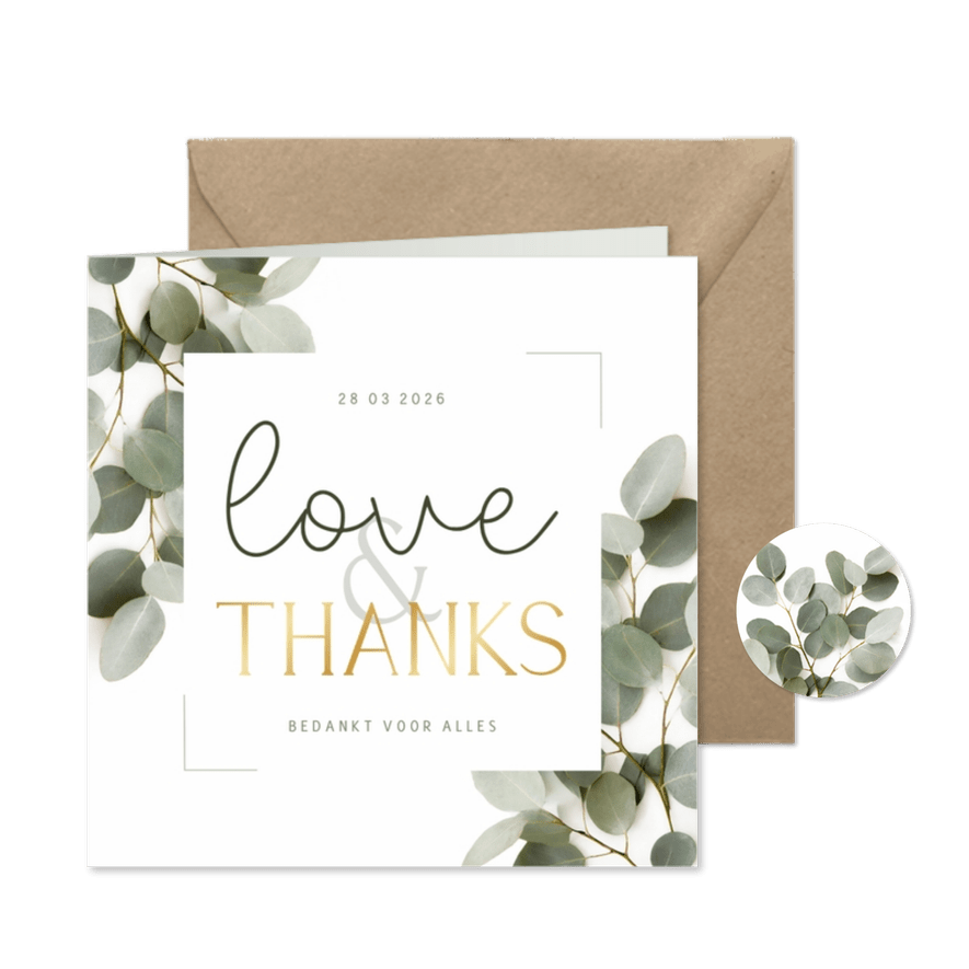 Bedankkaartje love and thanks met eucalyptus foto en goud - Kaartimpressie