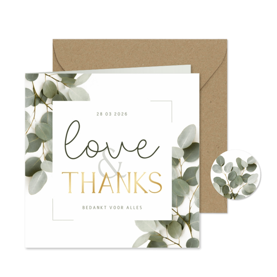 Bedankkaartje love and thanks met eucalyptus foto en goud - Kaartimpressie