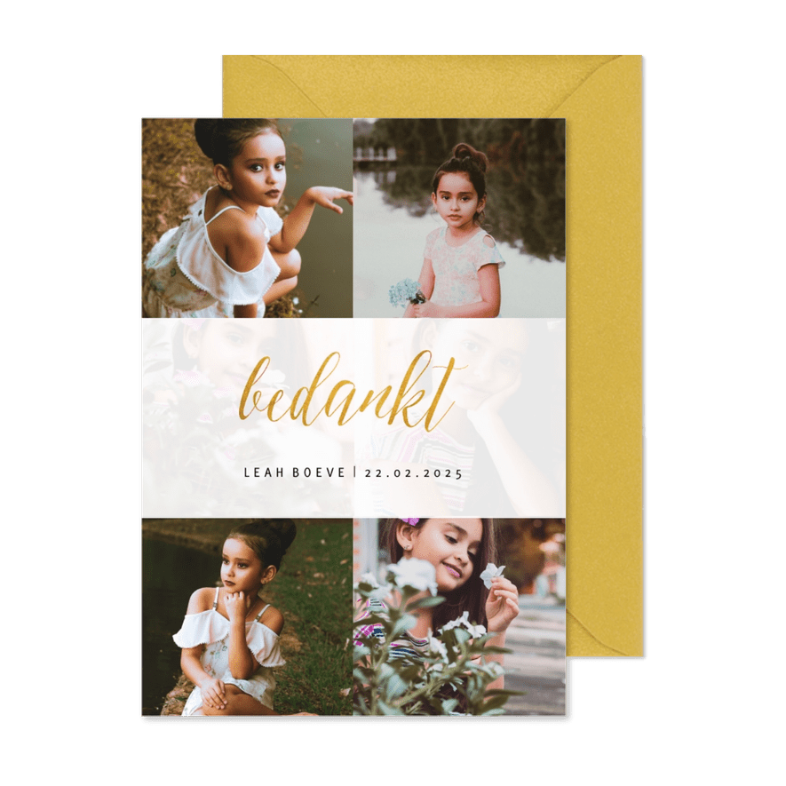 Bedankkaartje met fotocollage en goudlook bedankt - Kaartimpressie