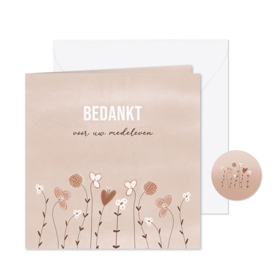 Bedankkaartje na overlijden beige bruin bloemen - Kaartimpressie