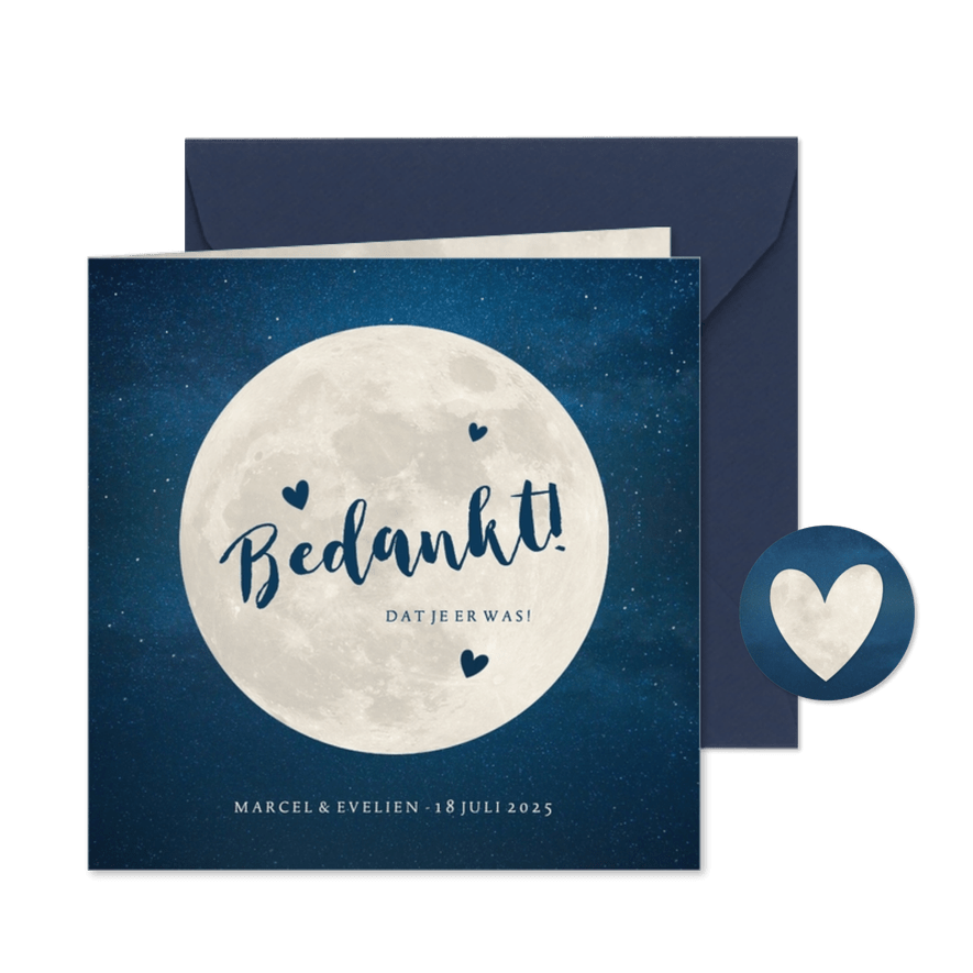 Bedankkaartje trouwen - met volle maan en hartjes - Kaartimpressie