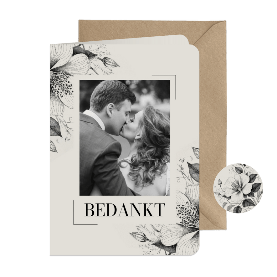 Bedankkaartje trouwen vintage bloemen bedankt met foto - Kaartimpressie