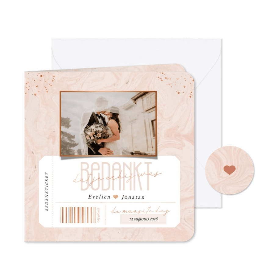 Bedankkaartje voor huwelijk met foto roze marmer ticket - Kaartimpressie