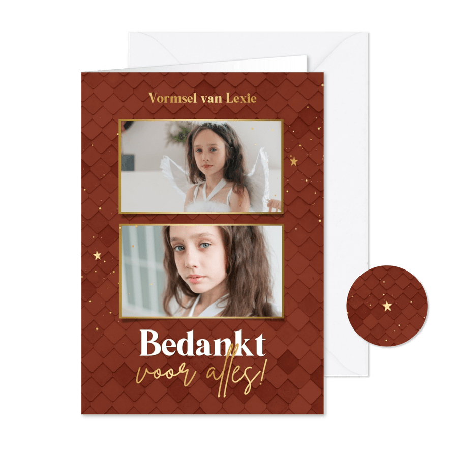 Bedankkaartje Vormsel roestbruin met patroon en foto's - Kaartimpressie
