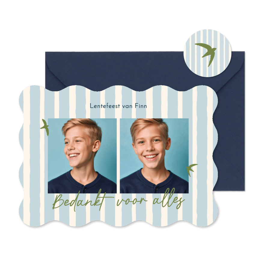 Bedankt lentefeest blauwe streep groene vogeltjes golfvorm - Kaartimpressie