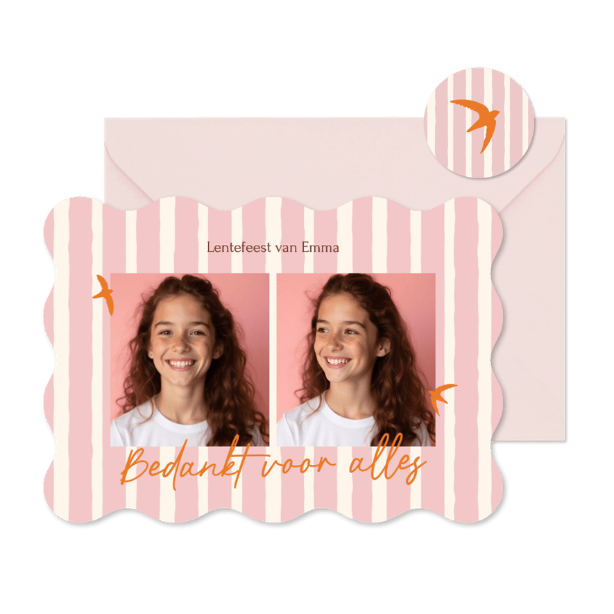 Bedankt lentefeest roze streep met oranje vogeltjes golfvorm - Kaartimpressie