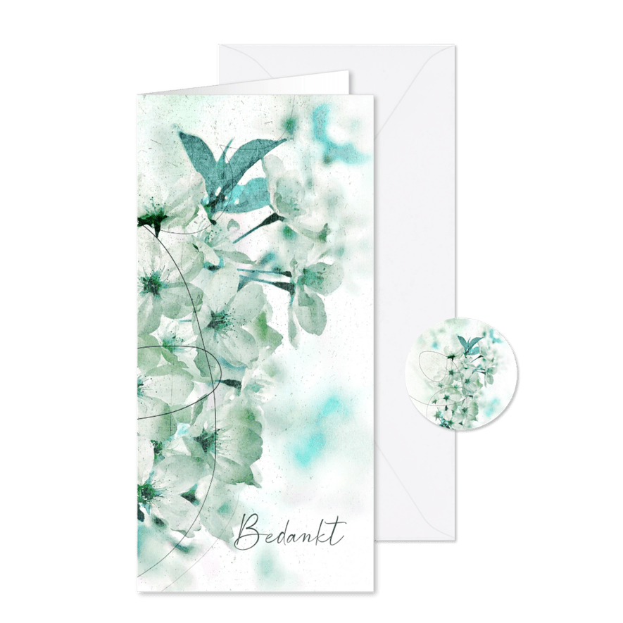 Bedankt rouwkaart bloesem wit blauw - Kaartimpressie
