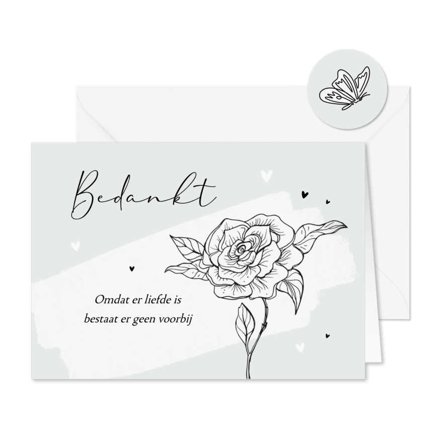 Bedankt rouwkaart stijlvol roos lijntekening vlinder hartjes - Kaartimpressie