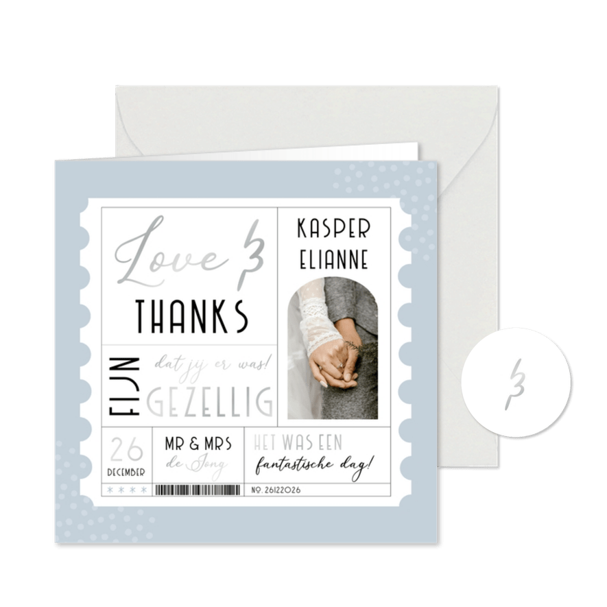 Bedankt trouwkaart winter wedding ticket blauw met foto - Kaartimpressie