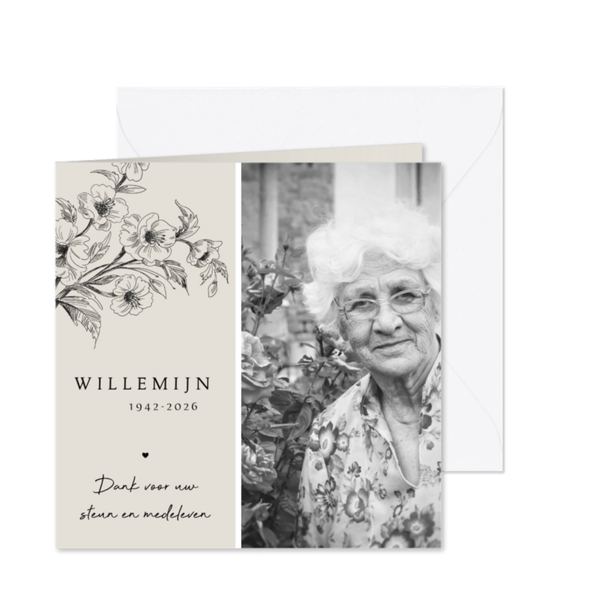 Bedanktkaart - bloemen en foto - Kaartimpressie